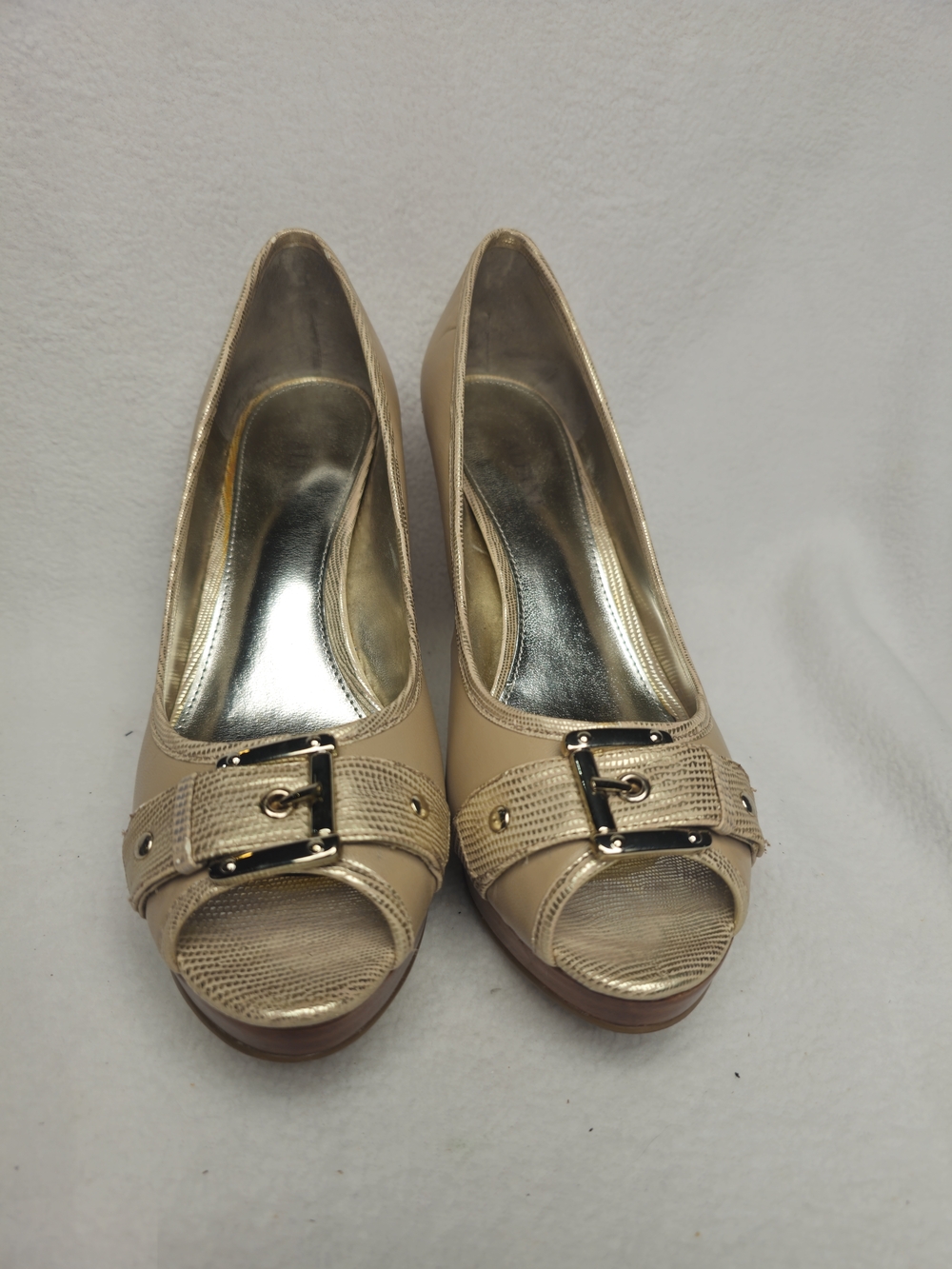 Alfani Beige Peep-Toe Heels with Buckle Detail